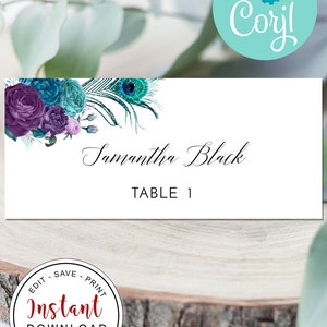 Wedding Place Cards Template, Editable Place Card, Teal Place Card, Editable Seating Assignments, Editable Wedding Table Names Card C-076tp