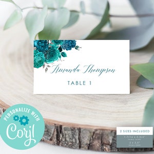 Wedding Place Cards Template Editable Place Card Teal Place Card Editable Wedding Cards Editable Wedding table name Card Teal Roses C-072