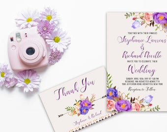 Wedding Invitation Suite, Purple Wedding Theme, Printable Wedding Set, Purple Violet Wedding Invitation, Bridal Wedding Invite WS-038