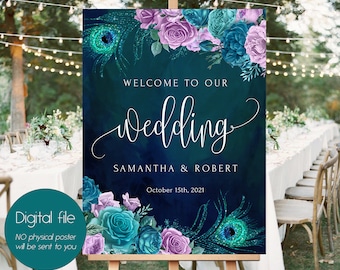 Teal Peacock Welcome Sign, Teal Peacock Decoration, Welcome Wedding Teal Sign, Bridal Wedding Welcome,Welcome Wedding Teal Decoration WS-076