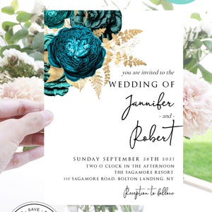 Teal Gold Wedding Invitation, Editable Teal Gold Printable Invitation, Editable Teal Gold Invite, Wedding Bridal Shower, Bridal Invite C-001