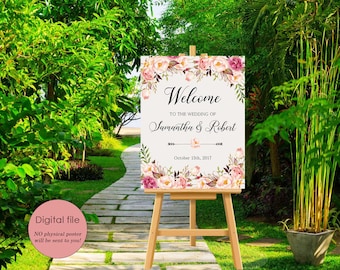 Wedding Welcome Sign,Wedding decoration, Printable wedding sign,Peach Blush Peonies,Digital Wedding Sign,Bridal Wedding Welcome Poster WS022