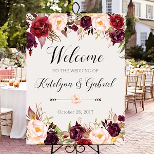 Welcome Wedding Sign,Wedding decoration,Burgundy peonies,Wedding Reception Sign,Bridal Wedding Welcome Poster,Welcome wedding sign WS-024 image 6