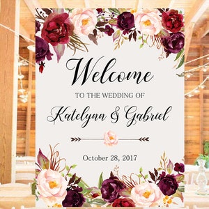 Welcome Wedding Sign,Wedding decoration,Burgundy peonies,Wedding Reception Sign,Bridal Wedding Welcome Poster,Welcome wedding sign WS-024 image 7
