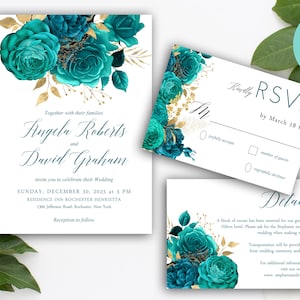 Teal Gold Wedding Invitation Suite,Teal Editable Invitation,Teal Gold Printable Invite,Editable Teal Invitation Bundle,Wedding Bundle 072