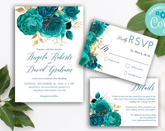 Teal Gold Wedding Invitation Suite,Teal Editable Invitation,Teal Gold Printable Invite,Editable Teal Invitation Bundle,Wedding Bundle 072