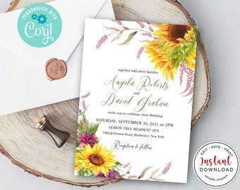 Sunflowers Invitation Template, Sunflowers Wedding Invite, Wedding Invitation template, Sunflower Wedding invitation, Bridal Invite C-006
