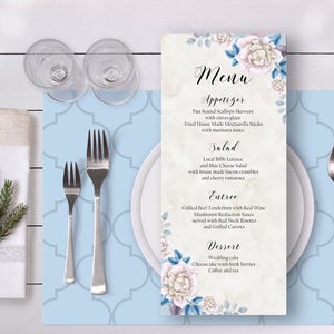 Floral Wedding Menu, Blue Blush Wedding Menu, Elegant Dinner Menu, Printable Wedding Long Menu, Mernu Card, Food Menu,Bridal Wedding - WS008