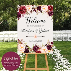 Welcome Wedding Sign,Wedding decoration,Burgundy peonies,Wedding Reception Sign,Bridal Wedding Welcome Poster,Welcome wedding sign WS-024