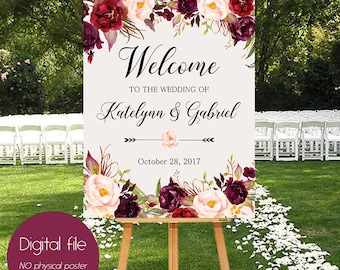 Welcome Wedding Sign,Wedding decoration,Burgundy peonies,Wedding Reception Sign,Bridal Wedding Welcome Poster,Welcome wedding sign WS-024