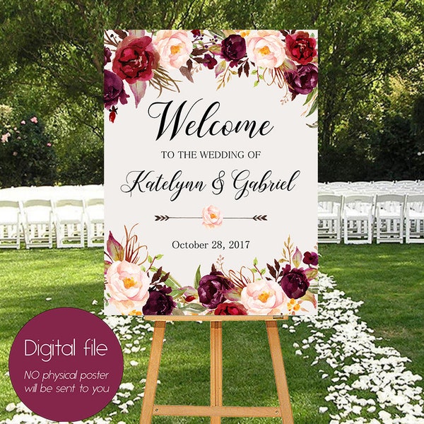 Welcome Wedding Sign,Wedding decoration,Burgundy peonies,Wedding Reception Sign,Bridal Wedding Welcome Poster,Welcome wedding sign WS-024