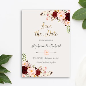 Save the Date Printable Floral Digital Wedding Marsala Burgundy Watercolor Gold letters Bohemian Save the Date Invite WS-013