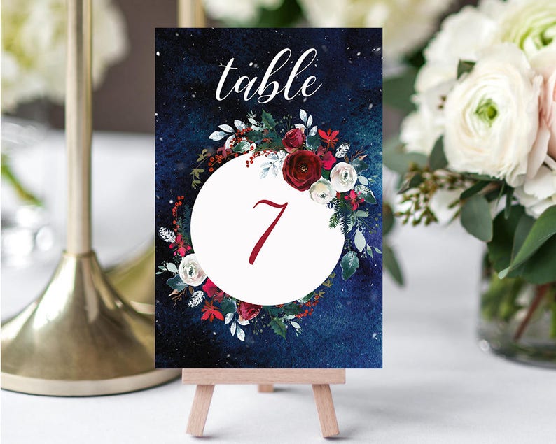 Wedding Table Numbers,Christmas Winter Numbers,Red White Burgundy Table Numbers,Table Numbers Wedding,1-10,4x6,PDF Instant Download TN-050 image 1