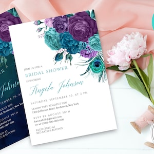 Peacock Bridal Shower Einladungsvorlage, editierbare Brautdusche Einladung, Teal Purple Karten, Einladungsvorlage, Teal Purple Card C-088