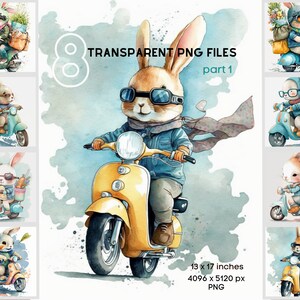 Funny Bunny Watercolor Clip Art, Easter Bunny Illustration, Crafting Bundle, Nursery Bunny Clip Art, Cute Easter Bunnies riding a motorcycle