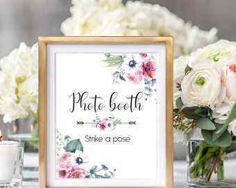 Photo booth Wedding Sign Digital Floral Pink Hellebore,White Anemones, Ranunculus, Wedding Printable Bridal Decor Poster Sign 8x10 - WS-042