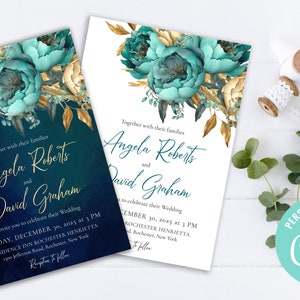 Teal Gold Wedding Invitation, Instant editable invitation, Teal Gold Printable Invite, Teal Bridal Shower Invitation, Bridal Invite WS-073a