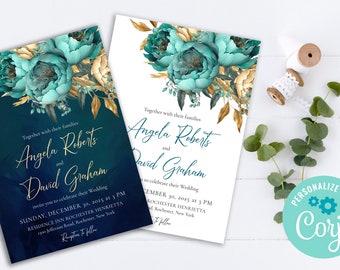 Teal Gold Wedding Invitation, Instant editable invitation, Teal Gold Printable Invite, Teal Bridal Shower Invitation, Bridal Invite WS-073a