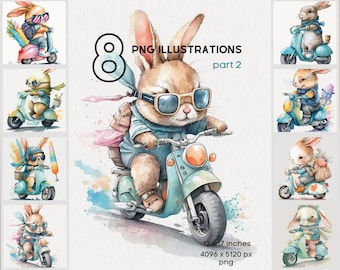 Bunny Watercolor Clip Art, Easter Bunny Illustration, Crafting Bundle, Nursery Bunny Clip Art, Cute Easter Bunnies riding a motorcycle, png