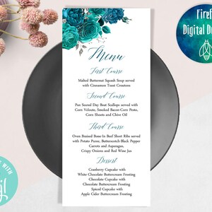 Teal Green Printable Menu, Teal Floral Menu, Wedding Teal Green Printable Menu Cards, Deep Teal Flowers Menu, Teal Cards, Menu Cards WS-072