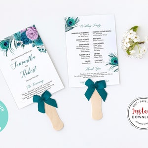 May include: Two wedding program fans with peacock feather and floral designs. One fan reads "Welcome to the Wedding of Samantha and Robert" and the other lists the wedding party. Each fan has a teal bow and wooden handle.