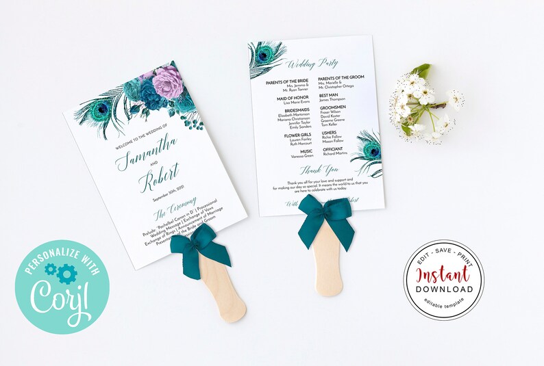May include: Two wedding program fans with peacock feather and floral designs. One fan reads "Welcome to the Wedding of Samantha and Robert" and the other lists the wedding party. Each fan has a teal bow and wooden handle.