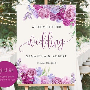 Welcome Wedding Sign,Pink Blush Purple Violet roses,Digital Welcome Wedding Reception Sign,Bridal Wedding Welcome Poster,Welcome sign WS-058
