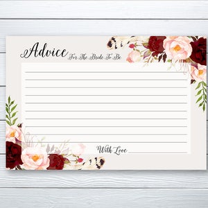 Advice Card Bridal Shower Floral Printable Games Burgundy Marsala Wedding Card Instant Download BG-003