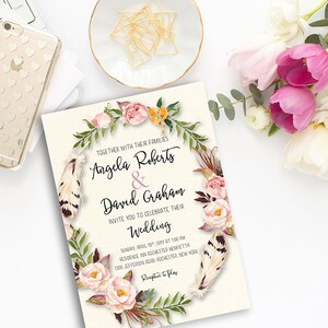 Printable Wedding Invitation, Peach Blush Floral invitation, Boho Wedding Invitation, Watercolor Invitation, Bohemian Wedding Invite WS-004 画像 3