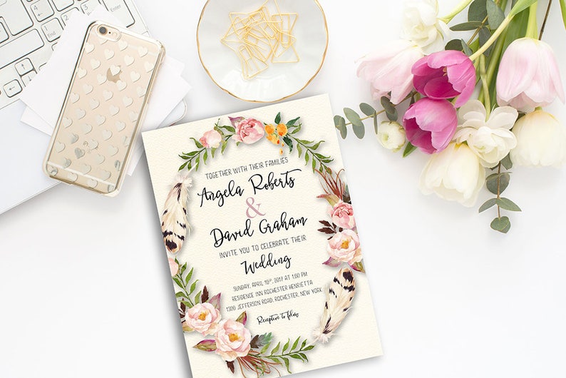 Printable Wedding Invitation, Peach Blush Floral invitation, Boho Wedding Invitation, Watercolor Invitation, Bohemian Wedding Invite WS-004 画像 3
