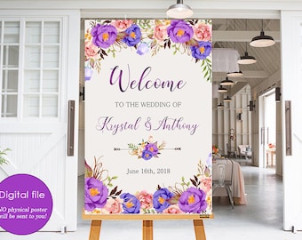 Wedding Welcome Sign Purple Violet Lavender Peonies Floral Boho Digital Wedding Reception Sign Bridal Wedding Welcome Poster WS-038