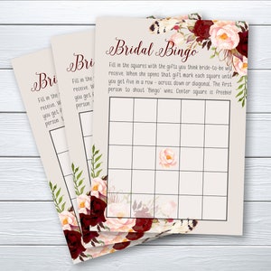 Bridal Bingo Bridal Shower Digital Printable Game Bridal Shower Wedding Quiz Marsala Burgundy Instant Download - BG-005