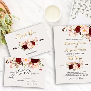 Wedding Invitation Suite, Printable Floral Invitation, Digital Wedding Invitation, Marsala Burgundy, Bohemian Wedding Invitation WS-013 image 1