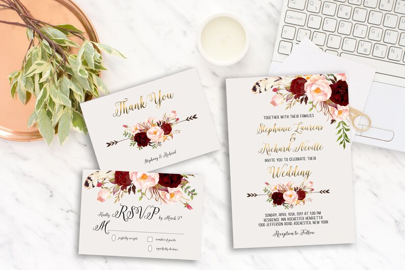 Wedding Invitation Suite, Printable Floral Invitation, Digital Wedding Invitation, Marsala Burgundy, Bohemian Wedding Invitation WS-013 image 1