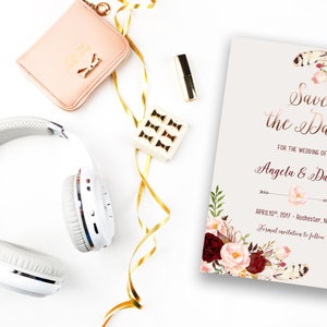 Save the Date Printable Invitation, Floral Save the Date Invitation, Marsala Burgundy Invitation, Bohemian Save the Date Invite WS-014