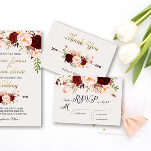 Wedding Invitation Suite, Printable Floral Invitation, Digital Wedding Invitation, Marsala Burgundy, Bohemian Wedding Invitation WS-013 image 3