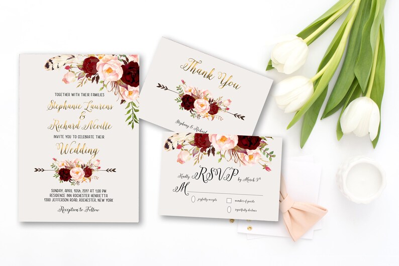 Wedding Invitation Suite, Printable Floral Invitation, Digital Wedding Invitation, Marsala Burgundy, Bohemian Wedding Invitation WS-013 image 3