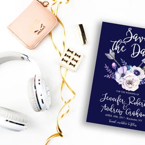 Save the Date Invitation, Navy Blue Invitation, Wedding Invite, Navy Blue Wedding, Boho Invitation, Bohemian Save the Date Invite WS-007