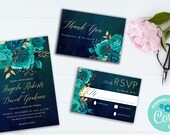 Teal Gold Wedding Invitation Suite,Teal Editable Invitation,Teal Gold Printable Invite,Editable Teal Invitation Bundle,Wedding Bundle 072