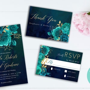 Teal Gold Wedding Invitation Suite,Teal Editable Invitation,Teal Gold Printable Invite,Editable Teal Invitation Bundle,Wedding Bundle 072