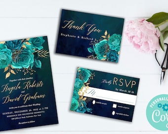 Teal Gold Wedding Invitation Suite,Teal Editable Invitation,Teal Gold Printable Invite,Editable Teal Invitation Bundle,Wedding Bundle 072
