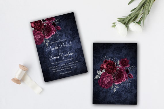 Burgundy and Navy Wedding Invitation Navy Printable Floral - Etsy