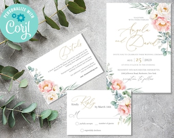 Wedding Invitation Template Bundle, Printable Wedding Template Set, Eucalyptus Greenery Wedding Set, Blush Wedding Invite Template - PETRA