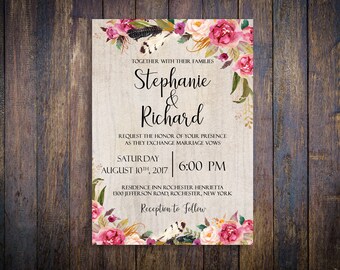 Wedding Rustic Invitation, Printable Wedding Invitation, Rustic Wedding Card, Pink Peonies, Boho Invitation, Rustic Wedding Invite WS-016