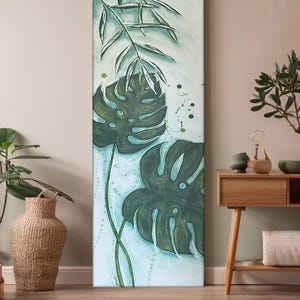 Monstera Wall Art – Botanical Acrylic Painting, Green, Modern, 30 x 90 cm, Urban Jungle, Plant Picture, Living Room Decoration, Unique