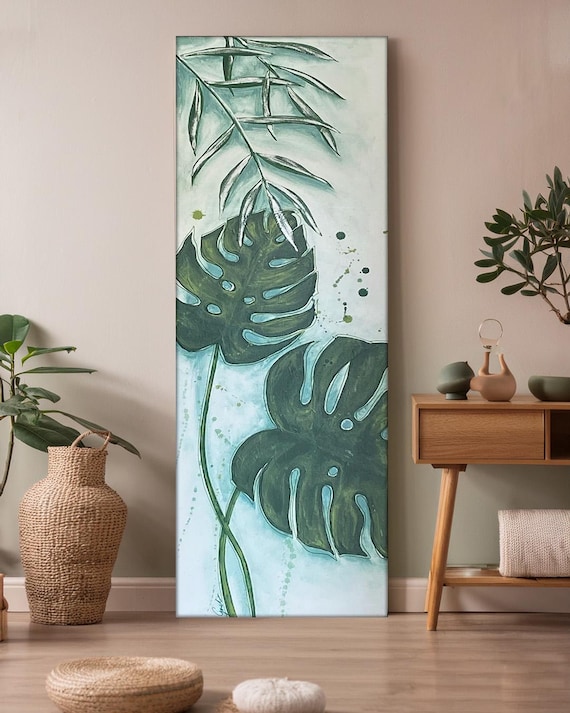 Monstera Wandbild  Botanisches Acrylgemlde, Grn, Modern, 30x90 cm, Urban  Jungle, Pflanzenbild, Wohnzimmer Deko, Unikat - Etsy.de