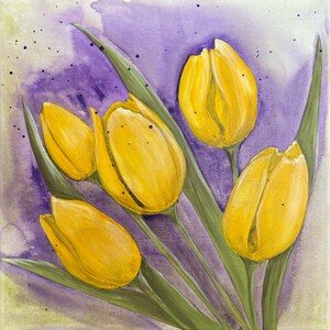 Yellow Tulips Acrylic Painting 30 x 30 cm – Hand-Painted Flower Art on Canvas, Original Spring Painting, Modern Wall Decoration for the Living Room