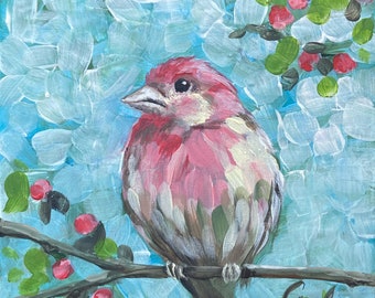 Robin Acrylic Painting Original – Hand-Painted Bird Wall Art, Pink Red, Blue, Modern, 20 x 20 cm Handmade Unique