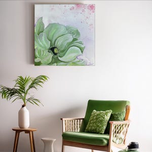 Anemone painting 40 x 40 cm – original acrylic mixed media – green silver floral modern calm – hand-painted wall picture gift living room
