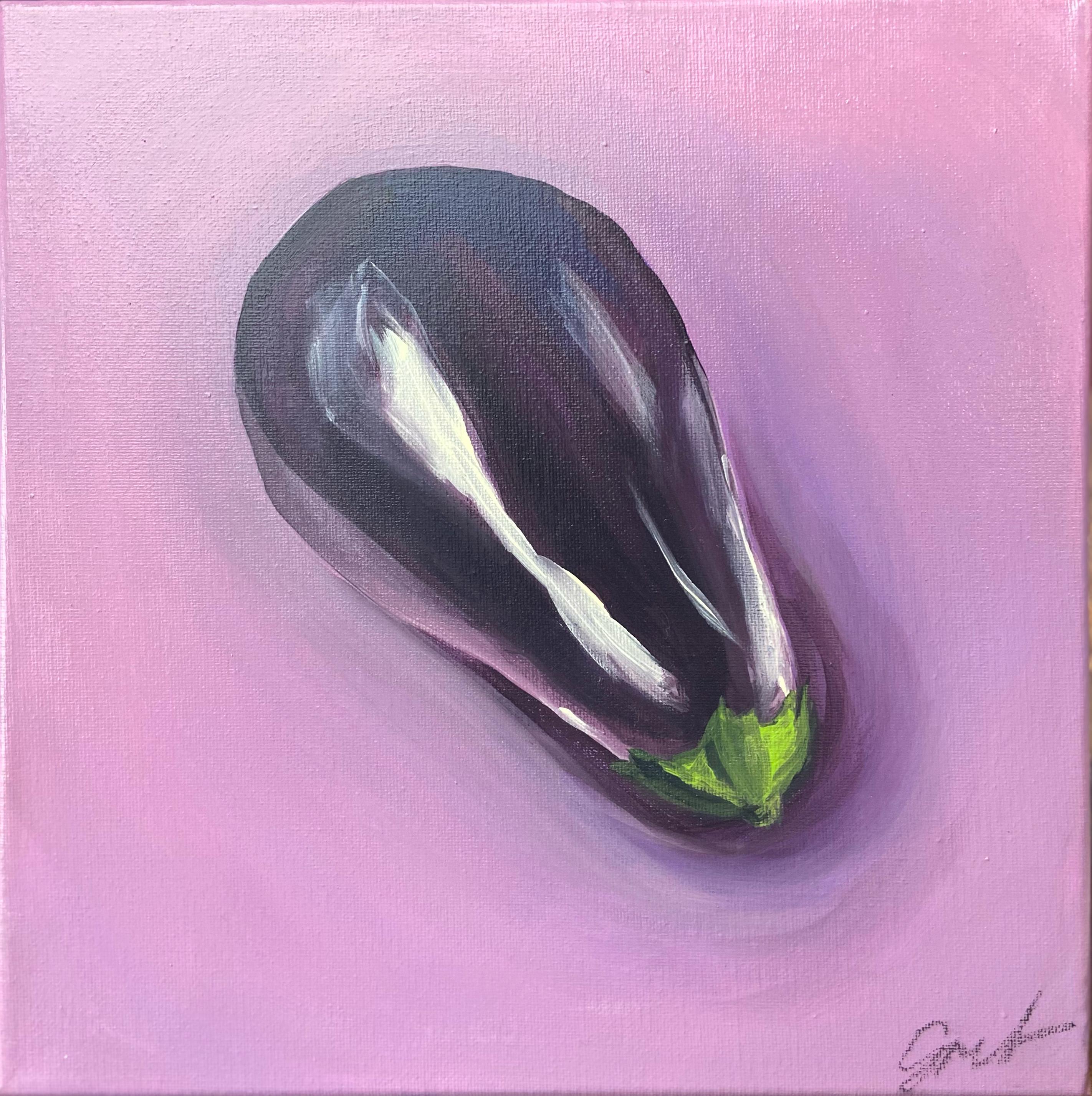 手描きイラスト アクリル画 芋虫と茄子 ナスの絵画 – 手描きのアクリル画 30 x 30 cm、リアルな野菜の静物画